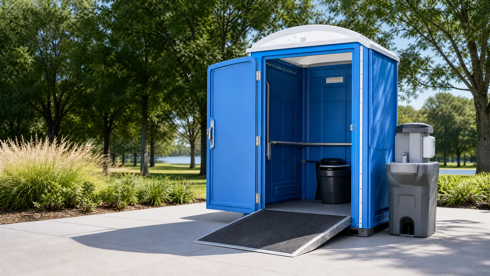 Accessible portable restroom and handwashing setup