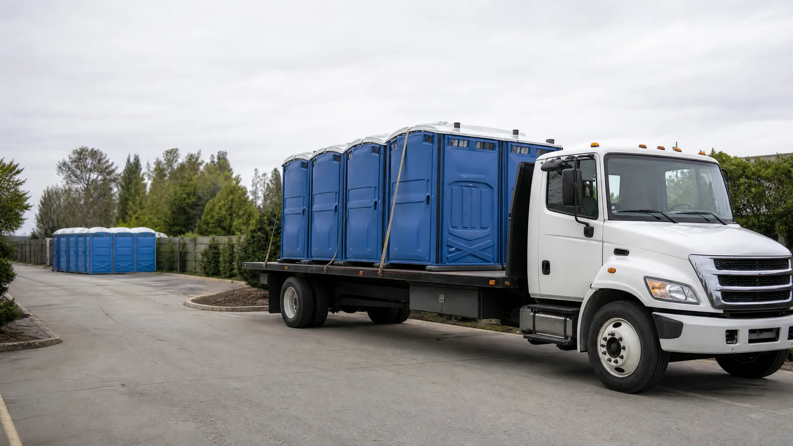 Portable restroom delivery setup scene